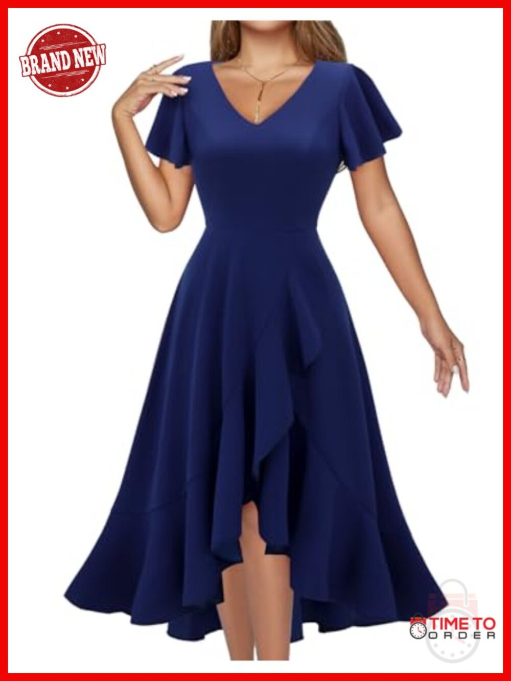 Women's Cocktail Midi Dress V-Neck Ruffle A-Line Wedding Guest Formal